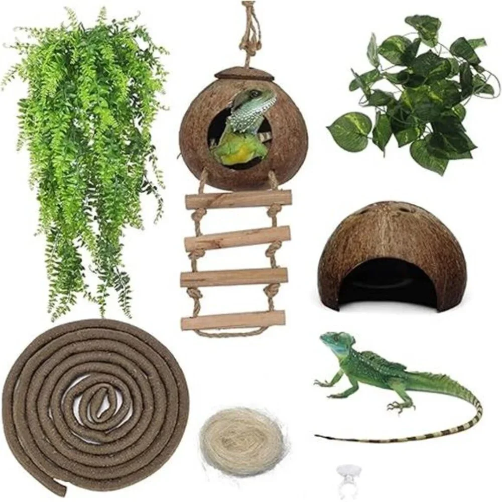 6PCS Lizard Habitat Decor,Leopard Gecko Hideout Coconut Shell Hole Hut,Bearded